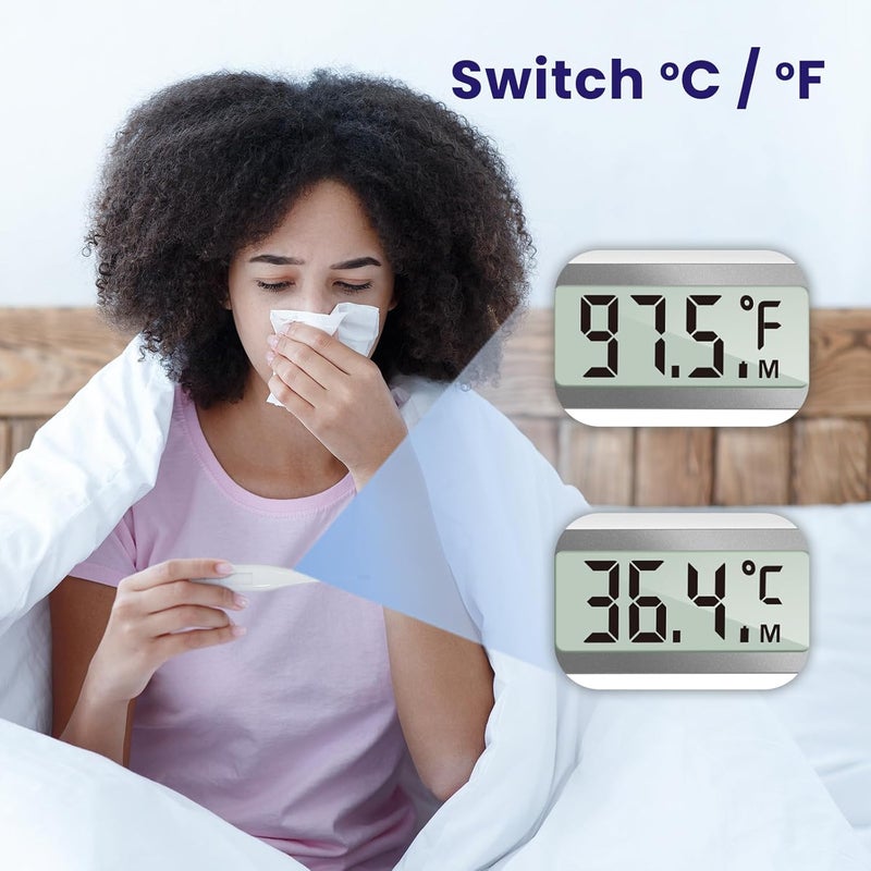 Femometer ترمومتر للبالغين والأطفال، ترمومتر رقمي مع تنبيه للحمى، استرجاع الذاكرة، قابل للتبديل بين مئوية وفهرنهايت، للاستخدام عن طريق الفم أو المستقيم أو تحت الإبط، رمادي - Image 4